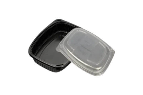 Plato de plastico negro con tapa transparente